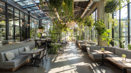 A stunning interior view of a modern greenhouse restaurant featuring abundant greenery, natural light, and stylish, comfortable seating for patrons to enjoy.の素材
