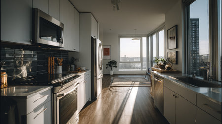 A beautifully designed modern kitchen featuring sleek appliances, ample natural light, and an inviting atmosphere perfect for culinary enthusiasts in an urban apartment.の素材