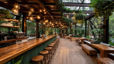 This serene indoor cafe features a natural decor with wooden elements, ambient lighting, and lush greenery, offering a peaceful environment for relaxation.の素材
