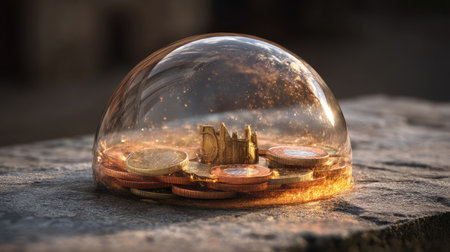 This captivating image features an enchanted glass dome containing a castle model and shimmering coins. It beautifully symbolizes wealth and creativity.の素材