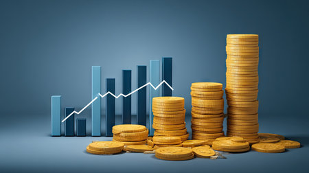 This image depicts a financial growth concept featuring stacks of gold coins next to a rising bar graph, symbolizing increasing profits and investments.の素材