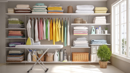 A well-organized laundry room featuring neat shelves with towels and clothes, an ironing board, and cleaning supplies, all in a bright and airy space.の素材