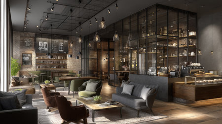 A stylish modern cafe interior showcasing cozy seating arrangements, warm lighting, and decorative details. Ideal for creating a welcoming atmosphere.の素材