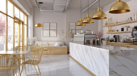This image showcases a stylish and modern coffee shop interior, featuring elegant design elements like gold accents, marble counters, and cozy seating areas.の素材