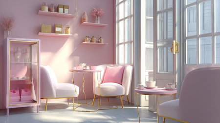 A beautifully designed pink tea room featuring elegant furniture and decor. Natural light fills the space, creating a serene atmosphere perfect for relaxation and enjoyment.の素材