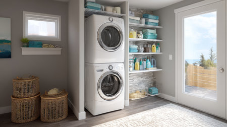 Bright and modern laundry room featuring stacked appliances, organized shelves, and natural light. Ideal for showcasing contemporary interior design and functionality.の素材