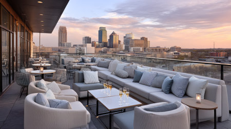 A stunning rooftop lounge featuring stylish seating and sparkling drinks, offering breathtaking views of the city skyline at sunset. Ideal for relaxation and social gatherings.の素材