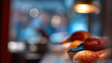 A close-up image of beautiful ducks resting peacefully, showcasing vibrant colors and soft textures, set against a blurred bokeh background that enhances the serene atmosphere.の素材