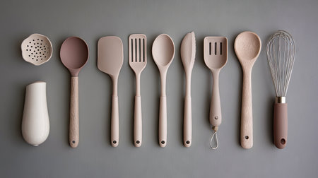 This image showcases a beautifully arranged collection of minimalist kitchen utensils in soft pastel tones, perfect for enhancing modern interior design and culinary efficiency.の素材