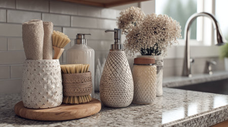 A beautifully arranged bathroom counter showcasing natural elements and stylish accessories, perfect for creating a serene and elegant atmosphere.の素材