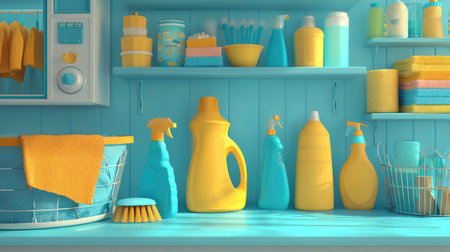 Discover a vibrant arrangement of cleaning supplies on a neatly organized kitchen shelf. The bright yellow and blue colors create a fresh and lively home atmosphere.の素材
