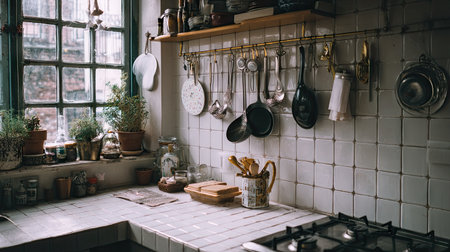 This inviting vintage kitchen features natural light streaming in through a window, highlighting hanging cookware and fresh herbs on the countertop.の素材