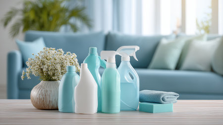 A serene collection of assorted cleaning products in calming blue shades, beautifully displayed on a table in a cozy living room setting, promoting freshness and cleanliness.の素材