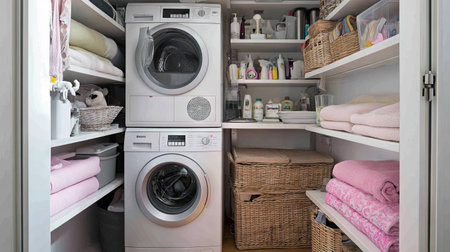 A stylish laundry space showcasing a stacked washer and dryer with neatly arranged shelves filled with essentials, perfect for efficient organization and cleaning.の素材