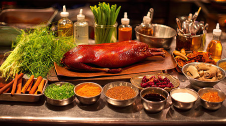 A beautifully arranged kitchen scene showcasing a fresh whole duck alongside a variety of spices, herbs, and cooking oils, ready for culinary delight.の素材