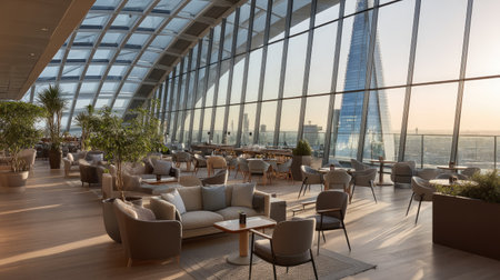 A sophisticated restaurant interior showcasing soft lighting, elegant furnishings, and stunning city views through expansive glass walls, creating a serene dining atmosphere.の素材