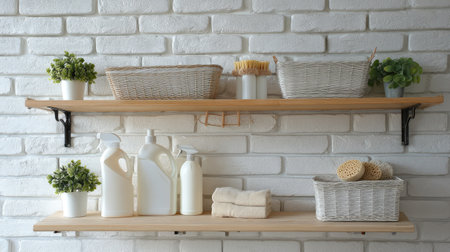 This image features a stylish interior scene with shelves on a white brick wall. It showcases cleaning supplies, storage baskets, and greenery for a fresh ambiance.の素材