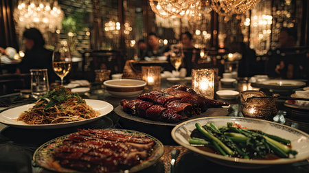 Experience a luxurious dining moment featuring a beautifully arranged table with gourmet dishes, soft candlelight, and an elegant restaurant atmosphere.の素材