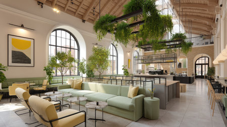 This image showcases a modern cafe interior featuring lush greenery, cozy seating arrangements, and artistic decor, creating a vibrant and inviting atmosphere.の素材