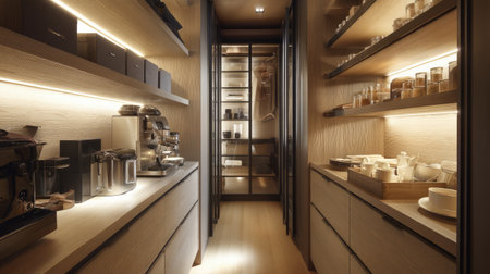 A stylish and modern pantry interior showcasing organized shelves filled with coffee machines and elegant dishware under warm lighting.の素材