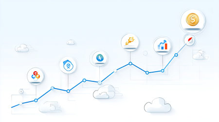 A modern flat design illustration depicting business growth through a graph and various financial icons, symbolizing success and strategy in finance.の素材