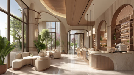 A beautifully designed modern coffee shop interior showcasing minimalist elegance with natural light, cozy seating, and lush greenery for a relaxing atmosphere.の素材