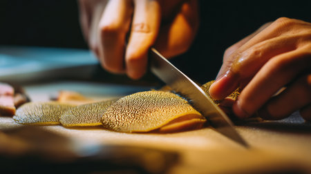 A close-up view of hands expertly slicing fresh ingredients on a cutting board, demonstrating culinary skills and food preparation techniques in a cozy kitchen setting.の素材