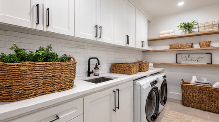 A beautifully designed modern laundry room featuring white cabinetry, stylish woven baskets, and a functional layout. This space combines aesthetics with convenience.の素材