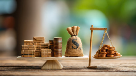 A creative wooden arrangement showcasing a scale balancing coins and a money bag alongside gift boxes, symbolizing financial decisions and wealth management.の素材