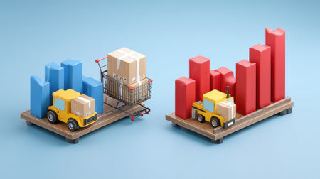 This vibrant 3D rendering showcases colorful graphs symbolizing e-commerce growth, featuring delivery trucks and a shopping cart in a studio setting.の素材