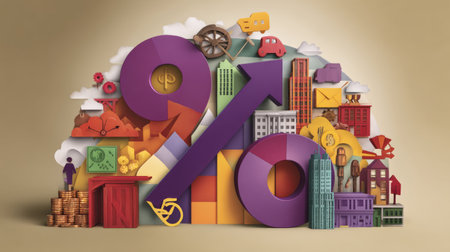 Vibrant 3D illustration featuring a percentage sign surrounded by urban elements, business symbols, and creative graphics, perfect for finance concepts.の素材