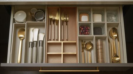 A beautifully organized kitchen drawer featuring gold utensils and stylish dividers, showcasing minimalism and elegance in home storage solutions.の素材