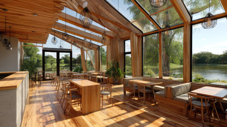 A beautifully designed restaurant interior featuring wooden furniture and large windows that allow natural light to brighten the space. The scenic lake view creates a serene atmosphere perfect for dining and relaxation.の素材