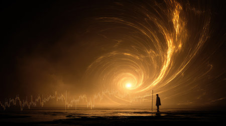 A lone figure stands in a cosmic landscape, enveloped by a fiery swirl of light. This captivating image evokes a sense of exploration and mystical energy.の素材