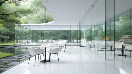 This image showcases a modern restaurant with expansive glass walls, highlighting elegant dining spaces that blend seamlessly with a serene green landscape.の素材