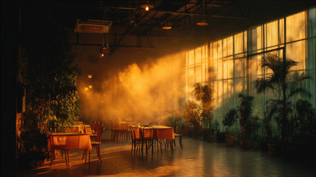 This image captures a serene indoor space filled with warm golden light and soft mist, creating a cozy atmosphere perfect for relaxation and social gatherings.の素材