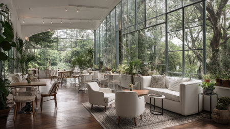 This inviting indoor cafe features large windows that allow natural light to filter in, complemented by stylish furniture and lush greenery, creating a perfect retreat.の素材