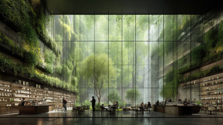 This striking image captures a vibrant indoor garden filled with lush greenery, showcasing a blend of modern design and natural elements in a tranquil environment.の素材