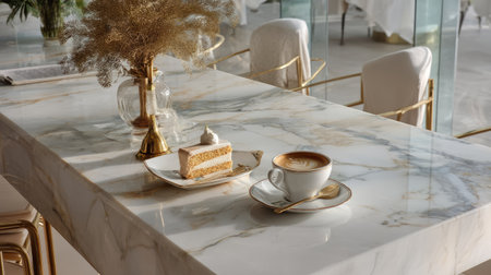A beautifully arranged marble table features a cup of coffee and a slice of cake, complemented by a delicate plant, embodying a modern cafe atmosphere.の素材