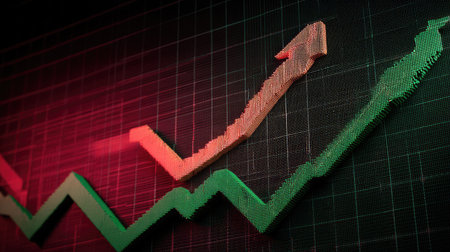 This abstract image illustrates business growth with upward trends depicted in vibrant green and red colors against a dark grid background. Ideal for finance projects.の素材