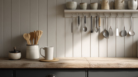 A serene kitchen countertop featuring essential utensils and rustic decor. Soft lighting highlights the natural wood and ceramic elements, creating a warm atmosphere.の素材