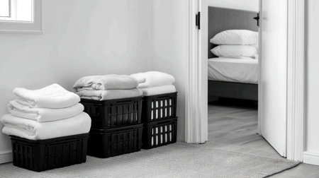 A calming scene featuring neatly stacked towels in black baskets beside an open doorway, showcasing a modern bedroomの素材