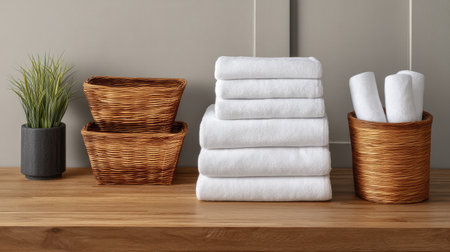 A beautifully arranged display of white towels stacked beside decorative baskets and a small plant, creating a serene and organized atmosphere for any modern bathroom.の素材