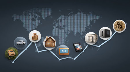 This image illustrates a financial growth journey, showcasing various assets such as a house, vehicle, and technology on a world map backdrop, emphasizing investment potential.の素材