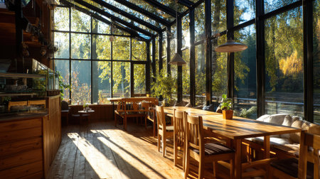 A bright and inviting dining area featuring large glass walls that showcase vibrant greenery outside. The warm wooden accents enhance the serene atmosphere, perfect for enjoying meals.の素材