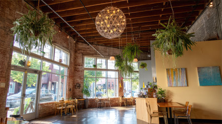 This vibrant cafe interior features an open layout with large windows, abundant greenery, artistic decor, and a cozy atmosphere perfect for relaxation and socializing.の素材