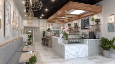 This image captures a modern cafe interior featuring stylish decor, natural elements, and elegant lighting. A perfect space for relaxation and dining.の素材