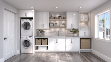 A bright and modern laundry room featuring white cabinets, a sleek washer and dryer, open shelving, and decorative baskets, promoting organization and style.の素材