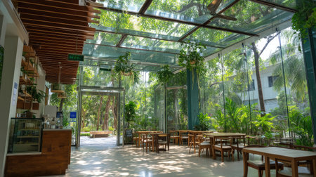 This image showcases a bright and open cafの素材