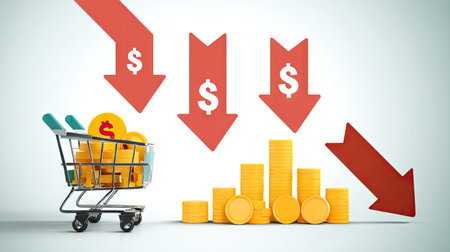 This image illustrates a shopping cart filled with coins, alongside falling dollar symbols, symbolizing a decline in financial health and market trends.の素材